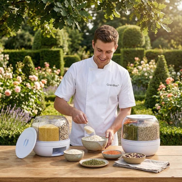 GrainBox™ distributeur d’aliment présenté par un chef cuisinier en extérieur dans un jardin avec deux blancs boîtes de rangement pour grains organisation pratique des céréales et aliments secs