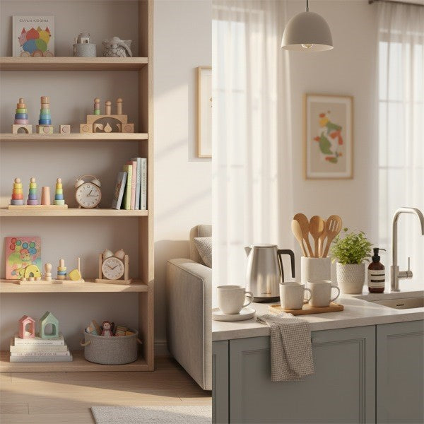 Produits pour enfants et accessoires de cuisine présentés ensemble pour montrer la diversité de la boutique Grotte Des Malins