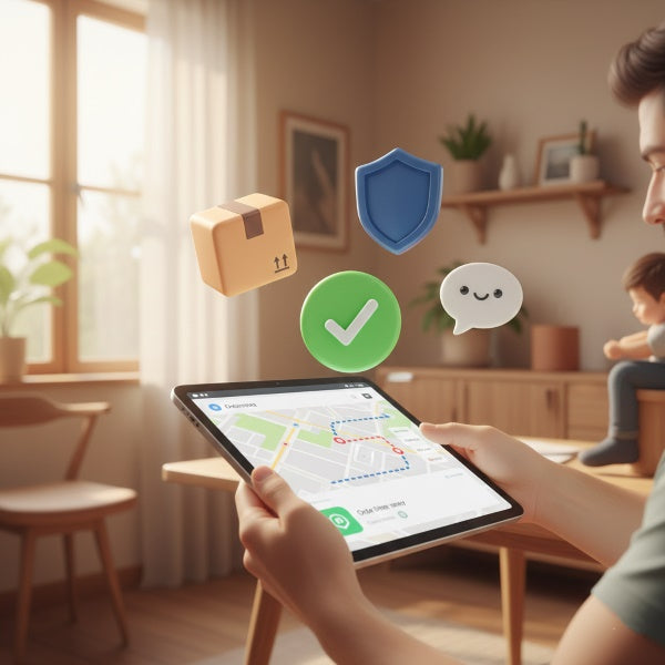 Parent utilisant un appareil pour suivre sa commande, illustrant la transparence et la confiance des services de Grotte Des Malins